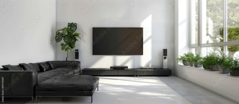 Poster empty living room interior with black leather sofa and tv in white installation. with copy space ima