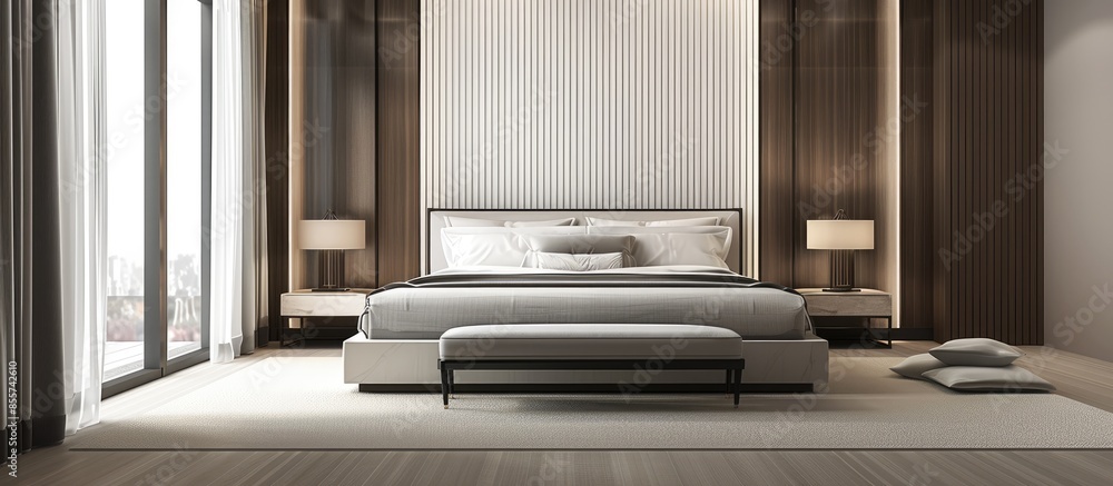Poster bed in luxury hotel. large bed in the bedroom. with copy space image. place for adding text or desig