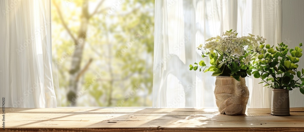 Aufkleber Window background with empty table and free space for your decoration.Clothes on top and spring time. . with copy space image. Place for adding text or design