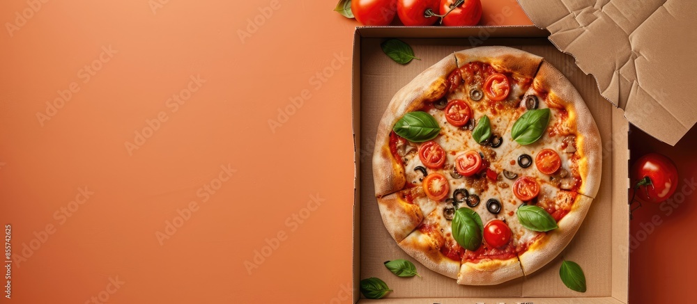 Aufkleber Pizza in a cardboard box with clipping path pastel background. with copy space image. Place for adding text or design