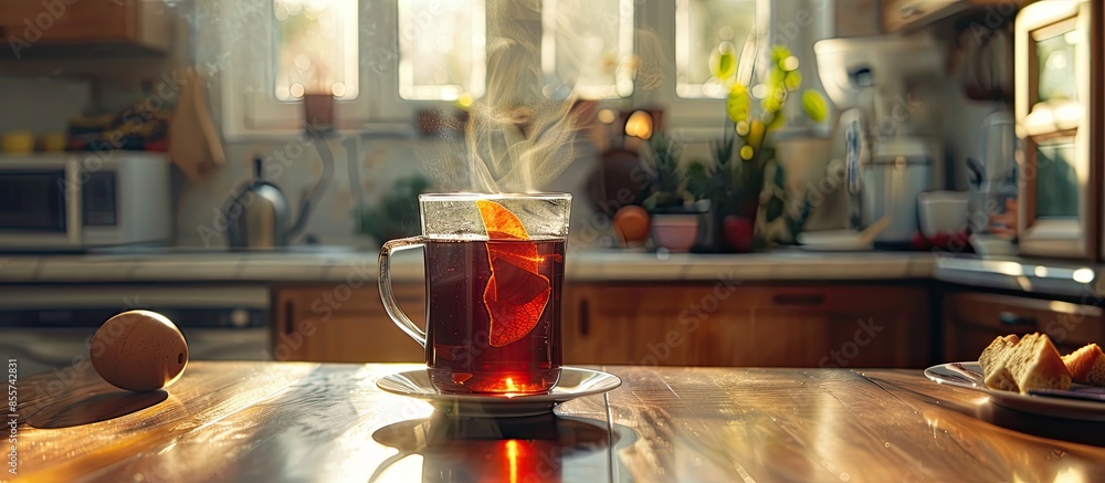 Aufkleber glass with hot turkish tea on table in kitchen. with copy space image. place for adding text or desi