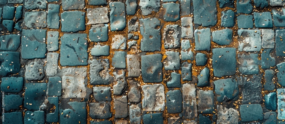 Aufkleber old cobblestone road top aerial drone view. copy space image. place for adding text or design