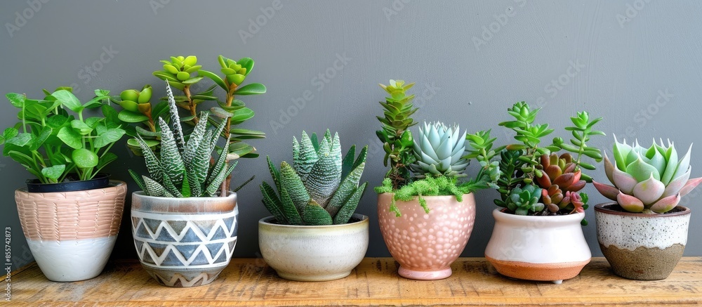 Aufkleber Various plants in different pots on table. Haworthia in a ceramic pot. Concept of indoor garden home. - Image. with copy space image. Place for adding text or design