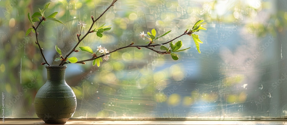 Leinwandbilder Fresh leaves in spring on a branch. A branch bloomed on the windowsill in a vase. with copy space image. Place for adding text or design