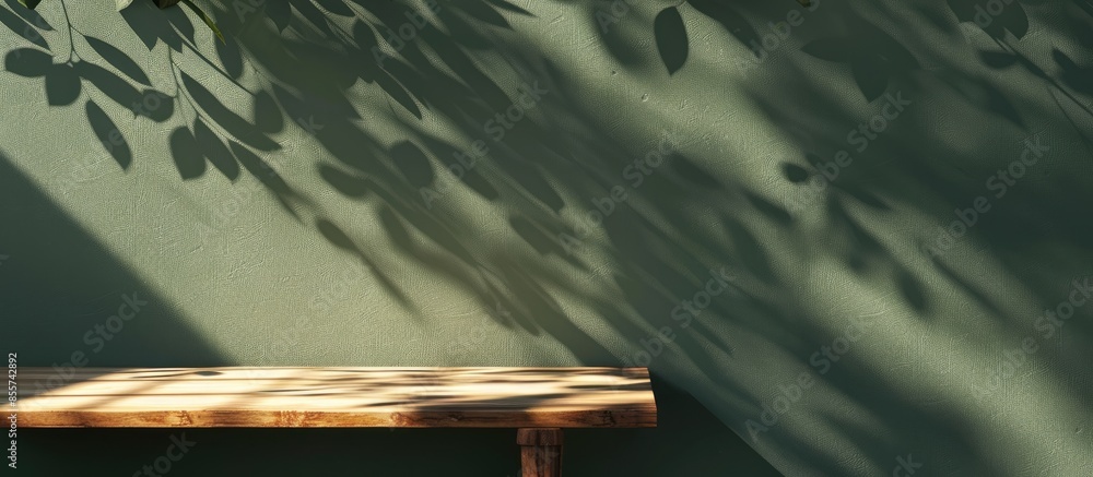 Poster empty table and darkgreen wall. table with sun reflections and leaves shadows on beige wall. backgro