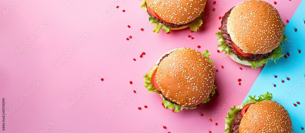 Poster Hamburger rolls on pastel background Hamburger  Isolated. with copy space image. Place for adding text or design
