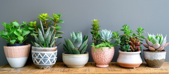 Various plants in different pots on table. Haworthia in a ceramic pot. Concept of indoor garden home. - Image. with copy space image. Place for adding text or design