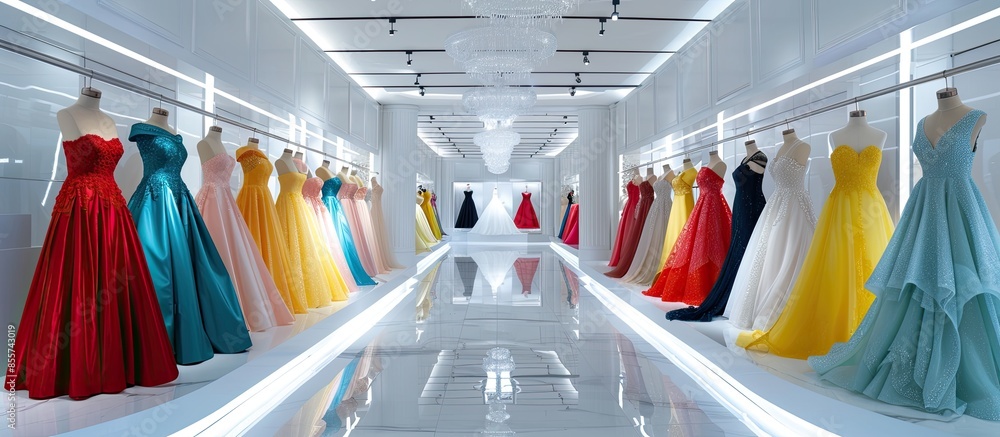 Aufkleber Different women's dresses on the rails in the store. Luxury and wedding shopping. with copy space image. Place for adding text or design