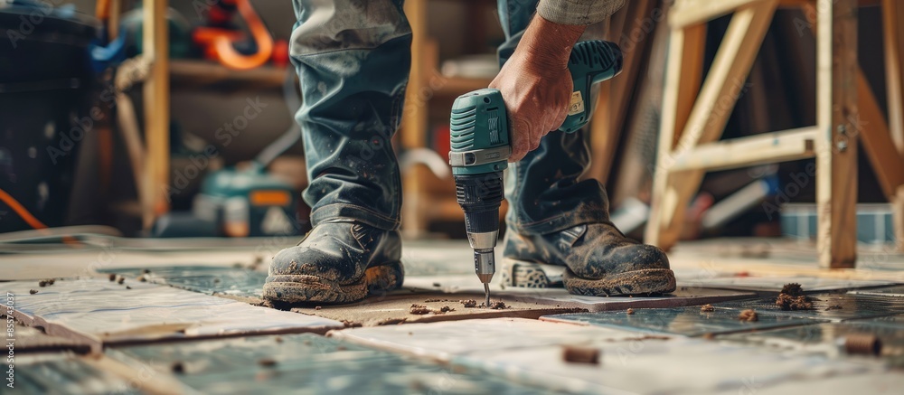 Poster Worker with electric drill preparing tiles for installation indoors, closeup. with copy space image. Place for adding text or design
