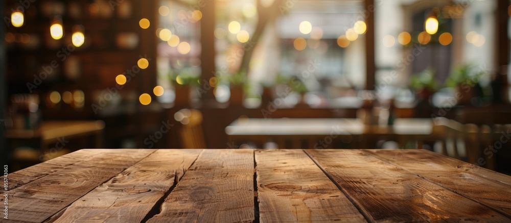 Poster selected focus empty brown wooden table and coffee shop blur background with bokeh image, for produc