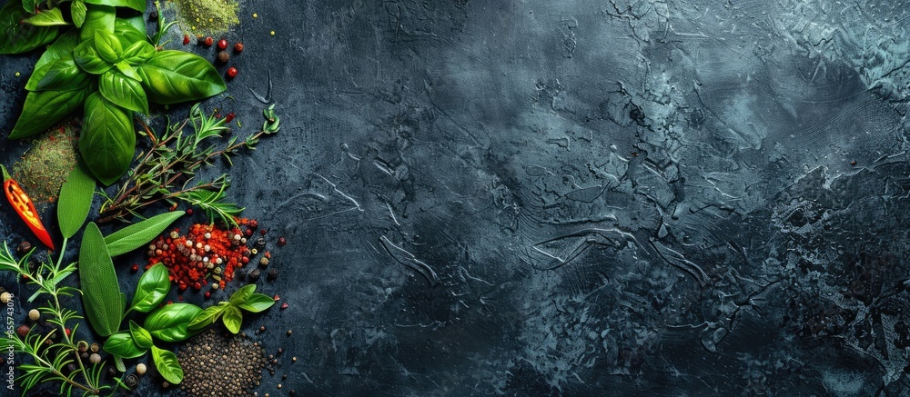 Poster various herbs and spices on dark background. with copy space image. place for adding text or design