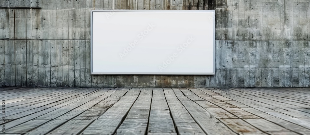 Poster wooden floor and cement wall with white billboard. with copy space image. place for adding text or d