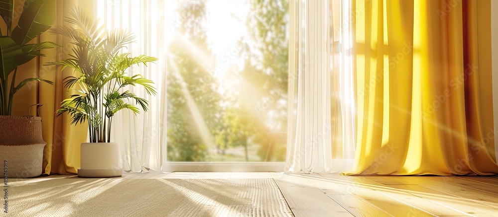 Poster Yellow curtain with rails in a living room . with copy space image. Place for adding text or design