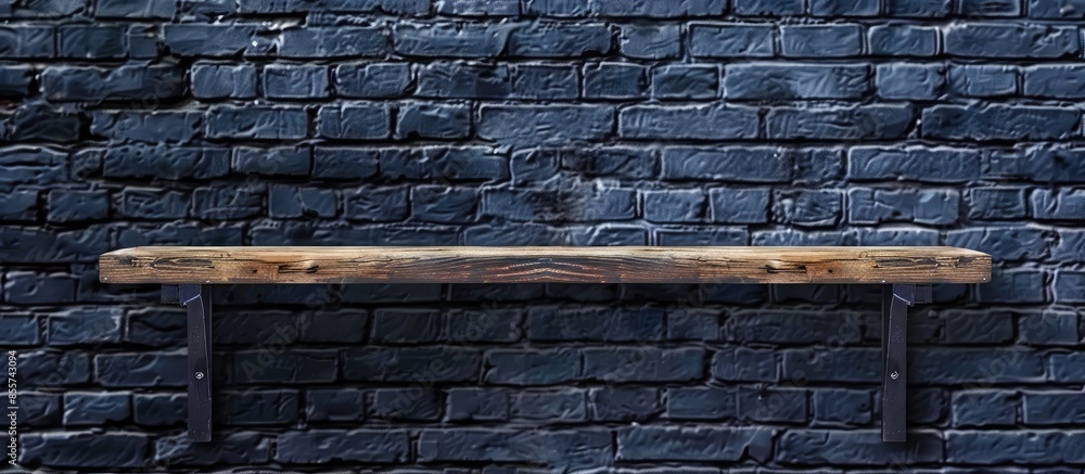 Poster wooden shelf over dark brick wall background pastel background. with copy space image. place for add