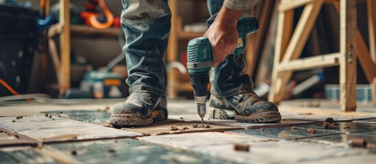 Worker with electric drill preparing tiles for installation indoors, closeup. with copy space image. Place for adding text or design