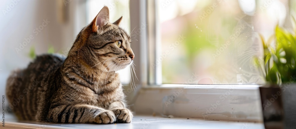 Poster Tabby cat sitting on a window sill and looking outside. Selective focus. with copy space image. Place for adding text or design
