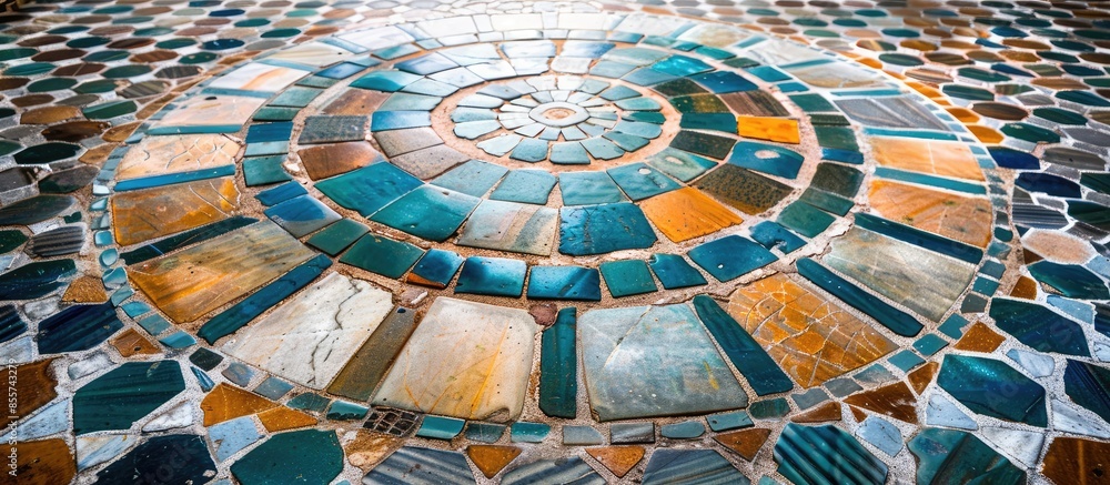 Poster aged islamic patterns on vintage mosaic floor. copy space image. place for adding text or design