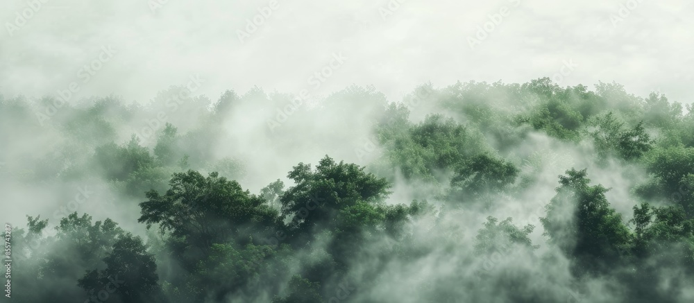 Aufkleber Forest covered in white fog. Copy space image. Place for adding text or design