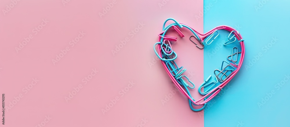 Poster The heart made by paper clips on pastel background  Abstract. with copy space image. Place for adding text or design