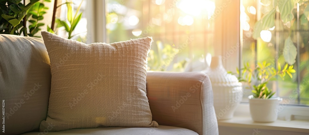 Poster Comfortable pillow on modern sofa next to window with soft light effect. with copy space image. Place for adding text or design