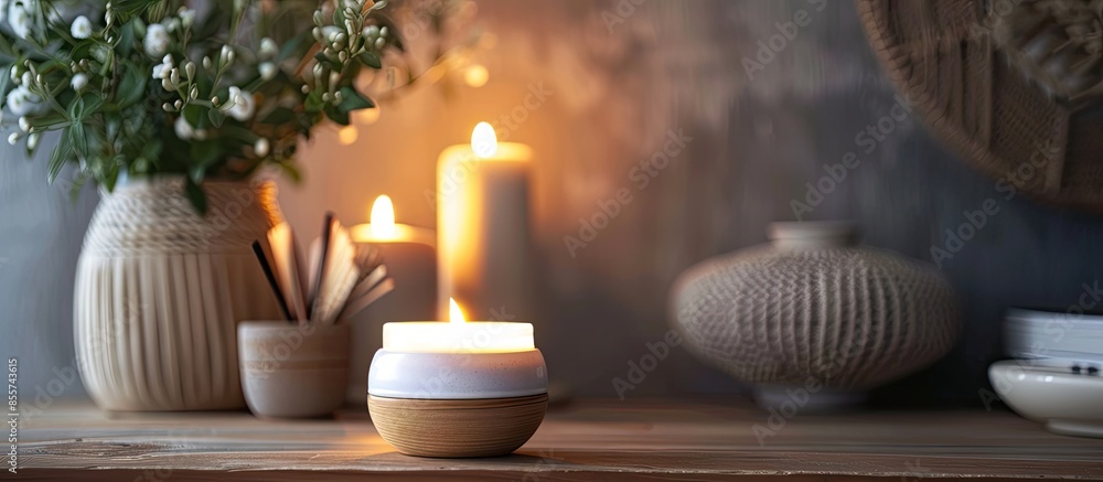 Poster interior accessories premium aroma candle diffuser. with copy space image. place for adding text or 