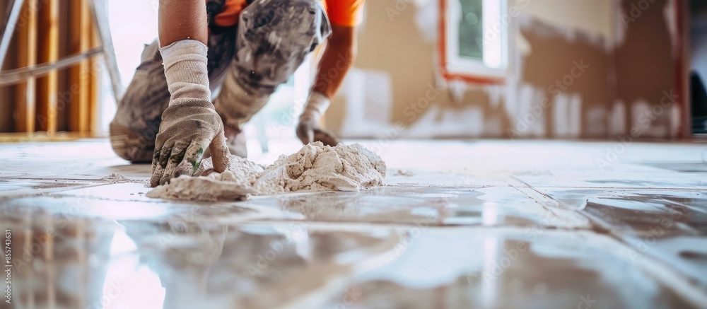 Poster Construction worker tiler is tiling, ceramic tile floor adhesive. with copy space image. Place for adding text or design