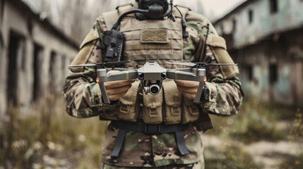 Fototapeta premium military man in uniform holding a drone. military conflict modern types of weapons