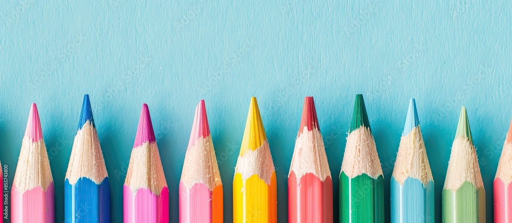 Poster colorful wooden pencils in row on pastel background. with copy space image. place for adding text or