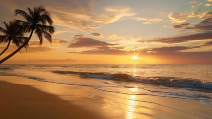 Serene sunset over a tropical beach with a palm tree silhouette.