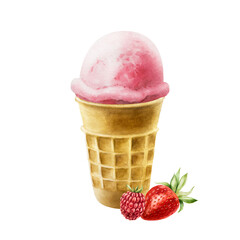Scoop of strawberry, raspberry ice cream in crispy waffle cone. Hand painting sweet watercolor illustration isolated on background. For designers, menu, shop, decoration, restaurant, for postcards