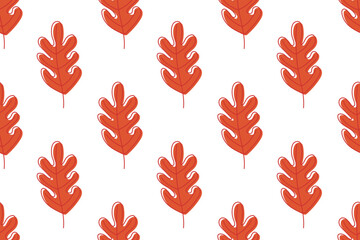 Fototapeta premium Seamless Autumnal Leaves pattern. Autumn oak leaves in orange color. Vector illustration in doodle style. Repeated Vector flat repeated background for wallpaper, wrapping, packing, textile