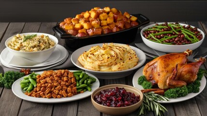 Obraz premium A delicious Thanksgiving feast with roasted chicken, mashed potatoes, green beans, cranberry sauce, and other festive dishes on a wooden table.