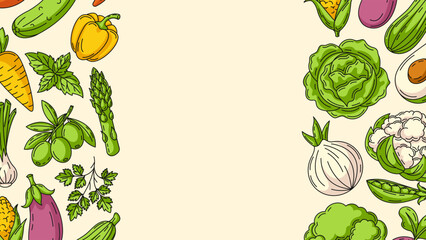 Fresh and healthy farm vegetables, vector horizontal banner, veggies icons border frame. Space for text, isolated background. Organic product. For poster, menu, flyer, cover, invitation, market