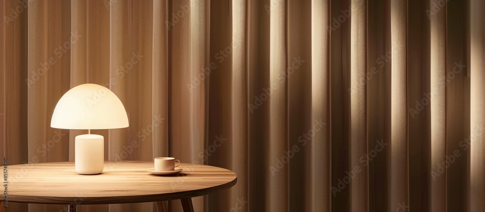 Aufkleber Small wooden table with lamp and cup on curtain background. with copy space image. Place for adding text or design