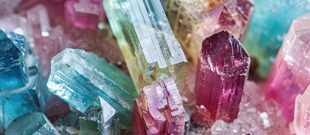 Poster tourmaline mineral specimen stone rock geology gem crystal pastel background. with copy space image.