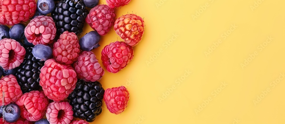 Poster tasty and colorful berries in a pile pastel background. with copy space image. place for adding text