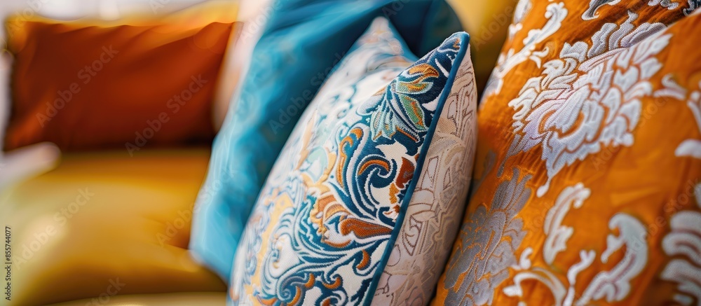 Poster close up detail shot of decorative throw pillow. with copy space image. place for adding text or des