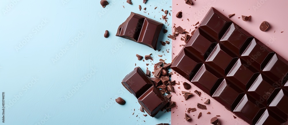 Fototapete dark chocolate bars on a pastel background chocolate. with copy space image. place for adding text o