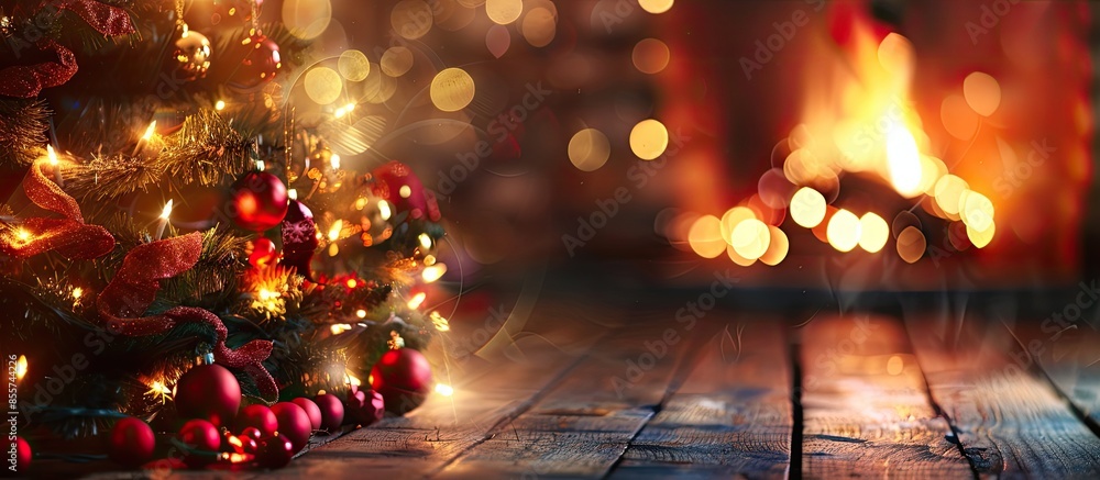 Poster blurred background of decorated glowing Christmas tree and fireplace. with copy space image. Place for adding text or design