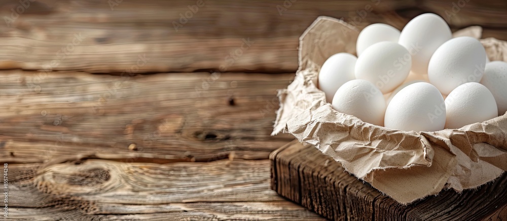Poster white eggs in a paper container on wooden boards. cooking theme background. with copy space image. p
