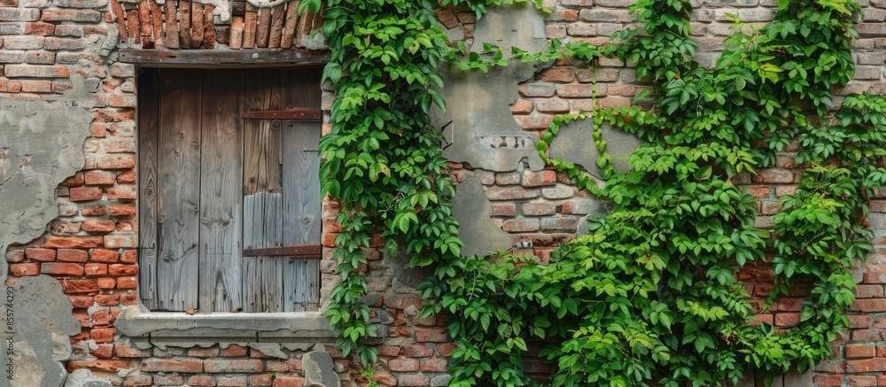 Poster an old wooden window in a brick wall, overgrown with a green plant. with copy space image. place for