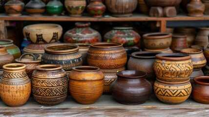 A collection of handmade ceramic and clay pots with intricate designs displayed on a wooden shelf, showcasing traditional craftsmanship.