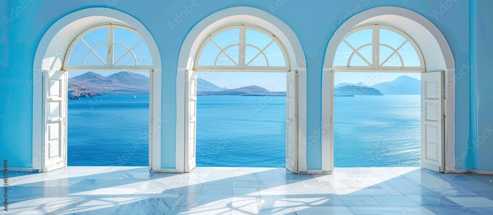 Fototapete greek style windows with curve road view. with copy space image. place for adding text or design