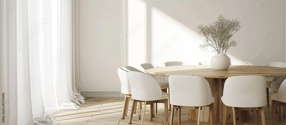 Poster Round dining tale with white chairs in upscale home. with copy space image. Place for adding text or design