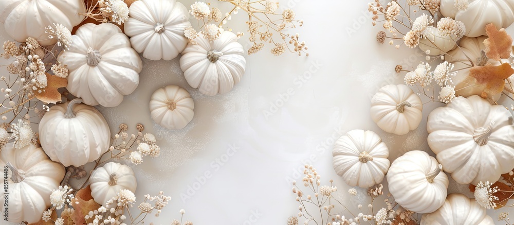 Poster high angle white pumpkins plants. with copy space image. place for adding text or design