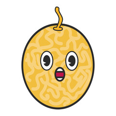 Cute kawaii cantaloupe hand drawn. Colorful cartoon melon doodle with shocked face