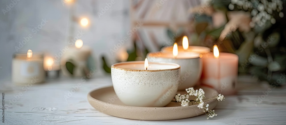 Poster handmade soy candles of unique design. hygge scandinavian style concept withcandles. relaxation atmo