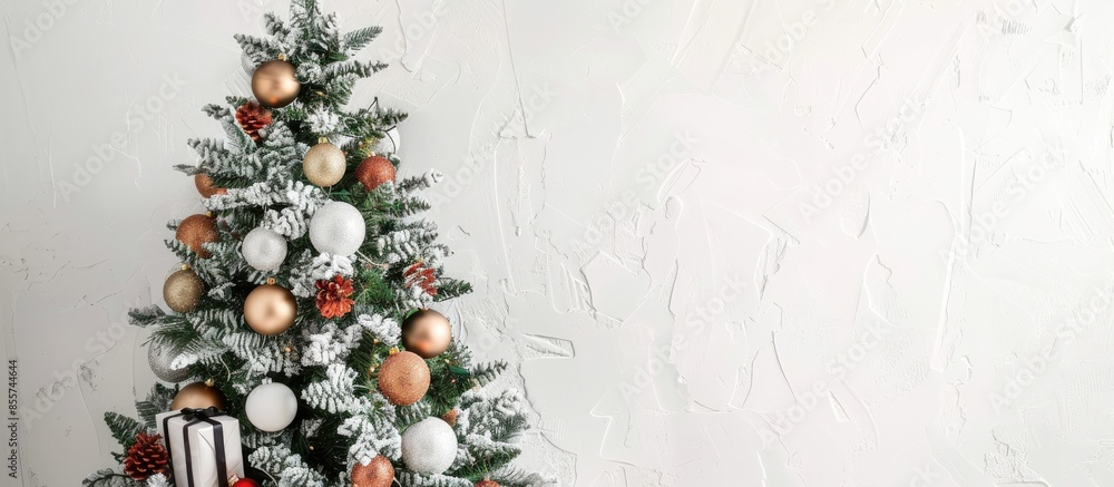 Poster Decorated Christmas tree with gifts with beautiful fir tree on white background. for New Year's design. with copy space image. Place for adding text or design