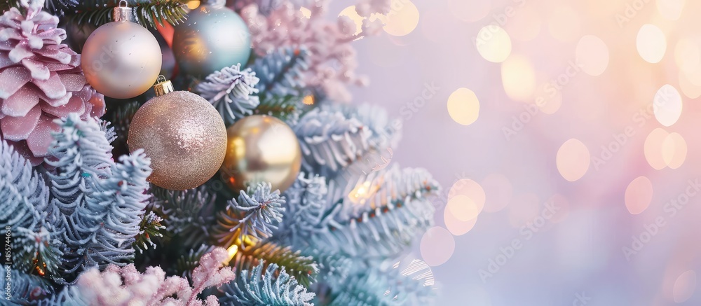 Poster Beautiful background decorated Christmas tree with toy balls and garlands.The idea for postcards. Soft focus. Shallow DOF. with copy space image. Place for adding text or design