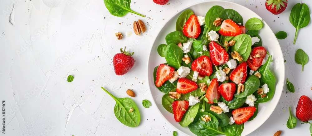 Poster strawberry salad. spinach leaves, sliced strawberries, nuts, feta cheese on white background. health